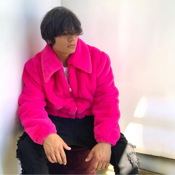 Men's Fashion Hot Pink Faux Fur Fuzzy Coat NWT - Picture 4 of 5